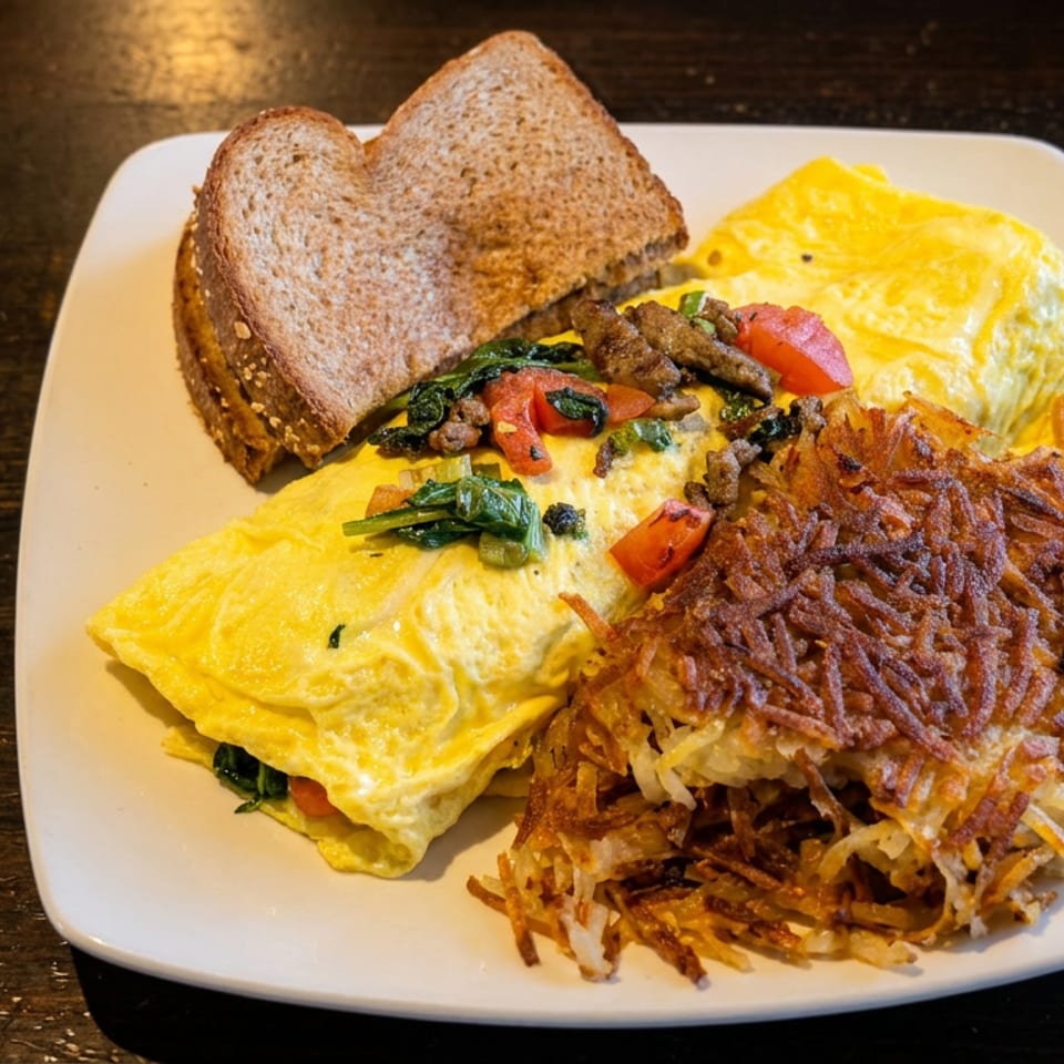 A breakfast plate with a fluffy omelet, hash browns, and two slices of toast on a dark wooden table.