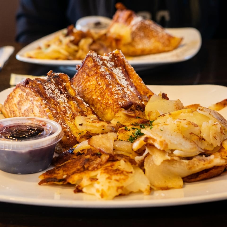 French toast with powdered sugar, a side of home fries, and a small cup of syrup.