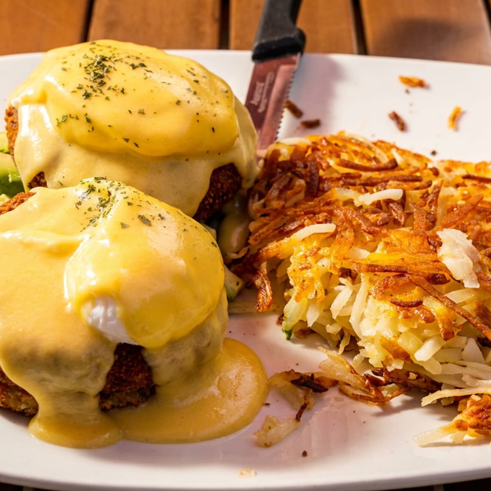 Two crab cake Benedicts topped with hollandaise sauce and hash browns on a white plate.